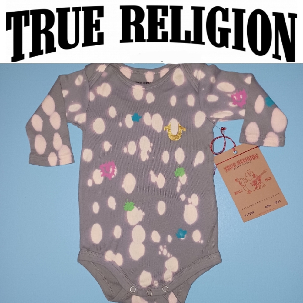 Made in US 100% Cotton 6-12, 12-18 True Religion Paint Splatter Unisex Onesie